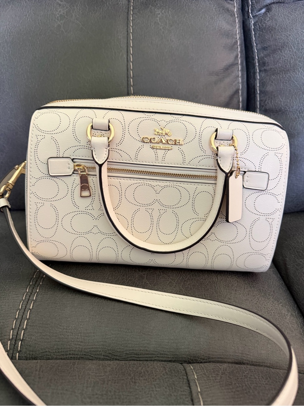 Coach Cream Perforated Signature Dome Satchel with Gold Hardware